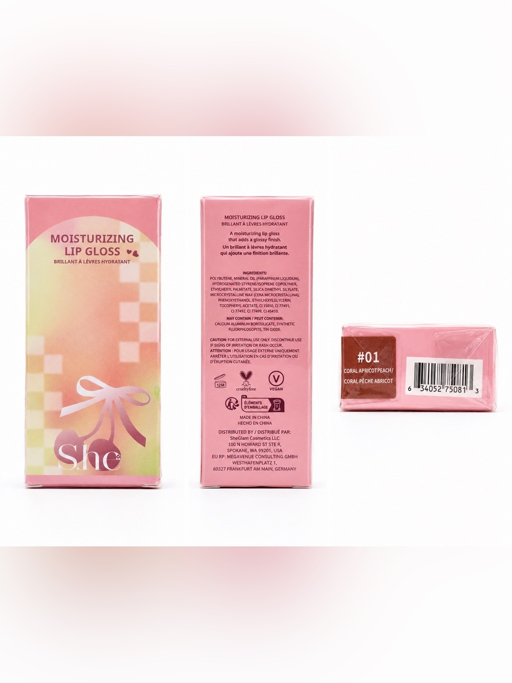 SHEGLAM Moisturizing Lip Gloss #01 Coral Apricot Peach NEW SEALED